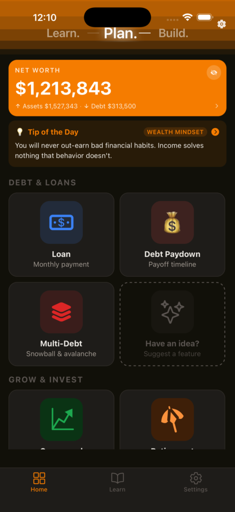 PocketIQ Wealth home screen showing net worth and debt tools