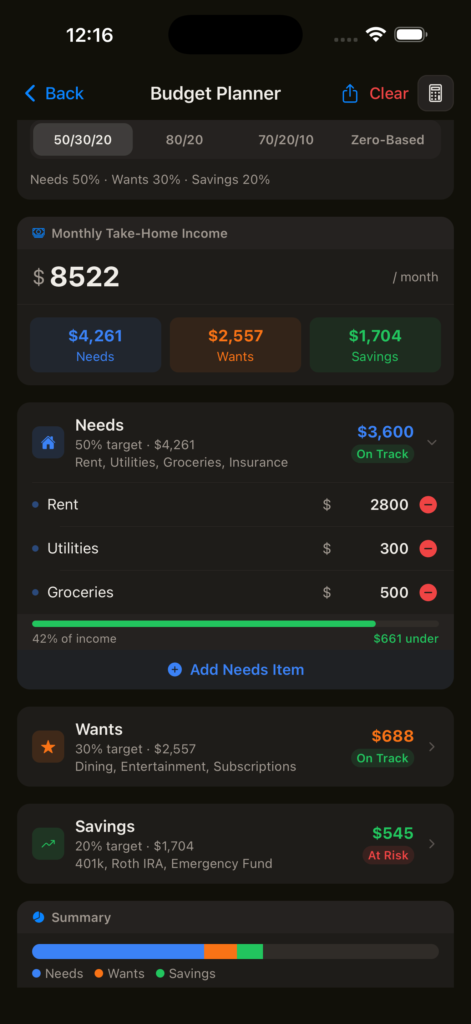 PocketIQ Wealth budget planner screen